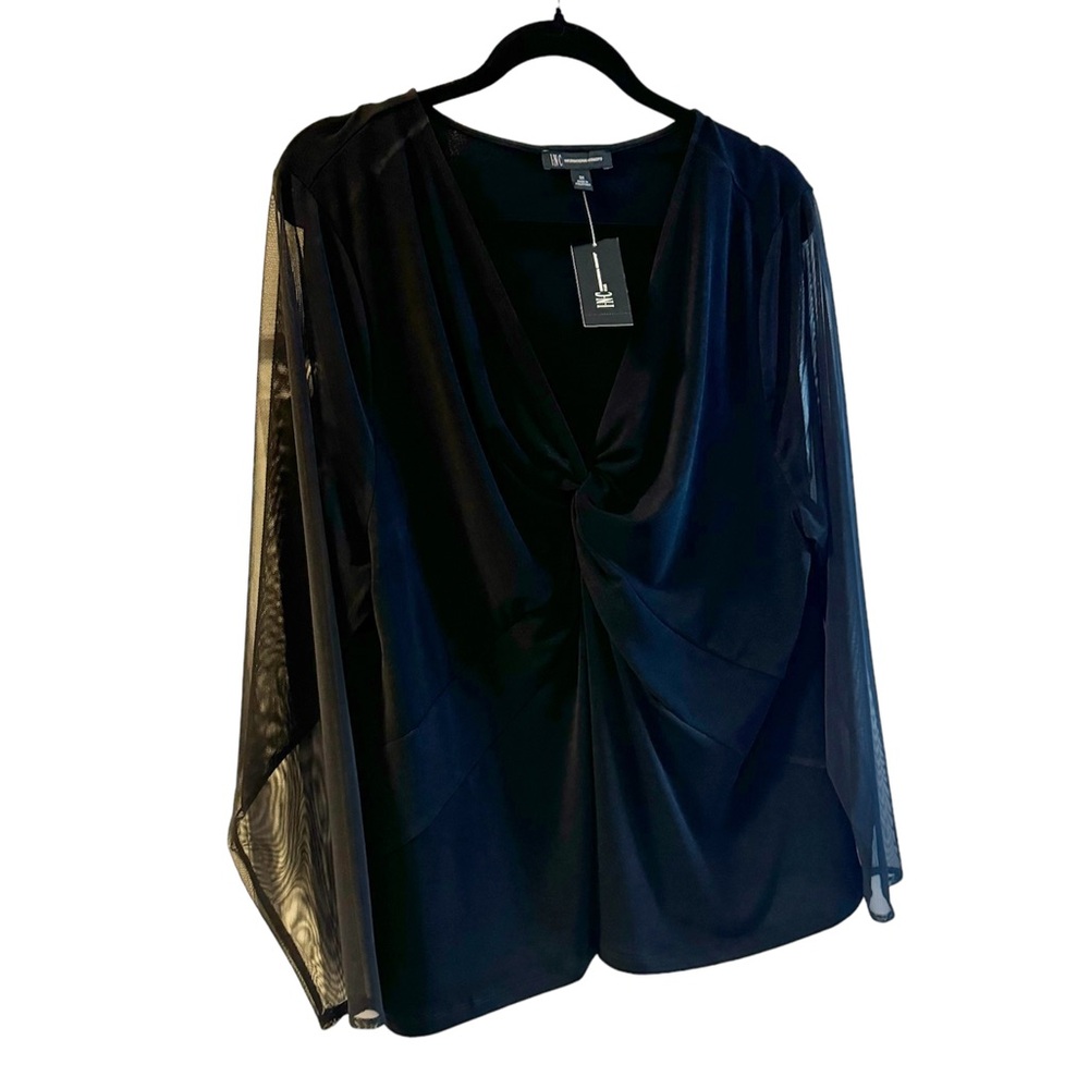 INC  black blouse with sheer sleeves. Sz 3X, twist under V neck flattering.